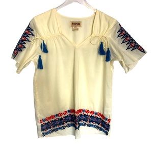 Anthropologie | PEPIN Cream & Embroidered Top Sz M